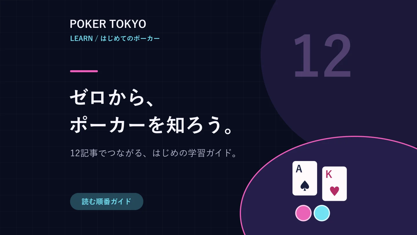 ゼロから、ポーカーを知ろう。 12記事でつながる、はじめの学習ガイド。 Poker Tokyoの文字入りカバー。