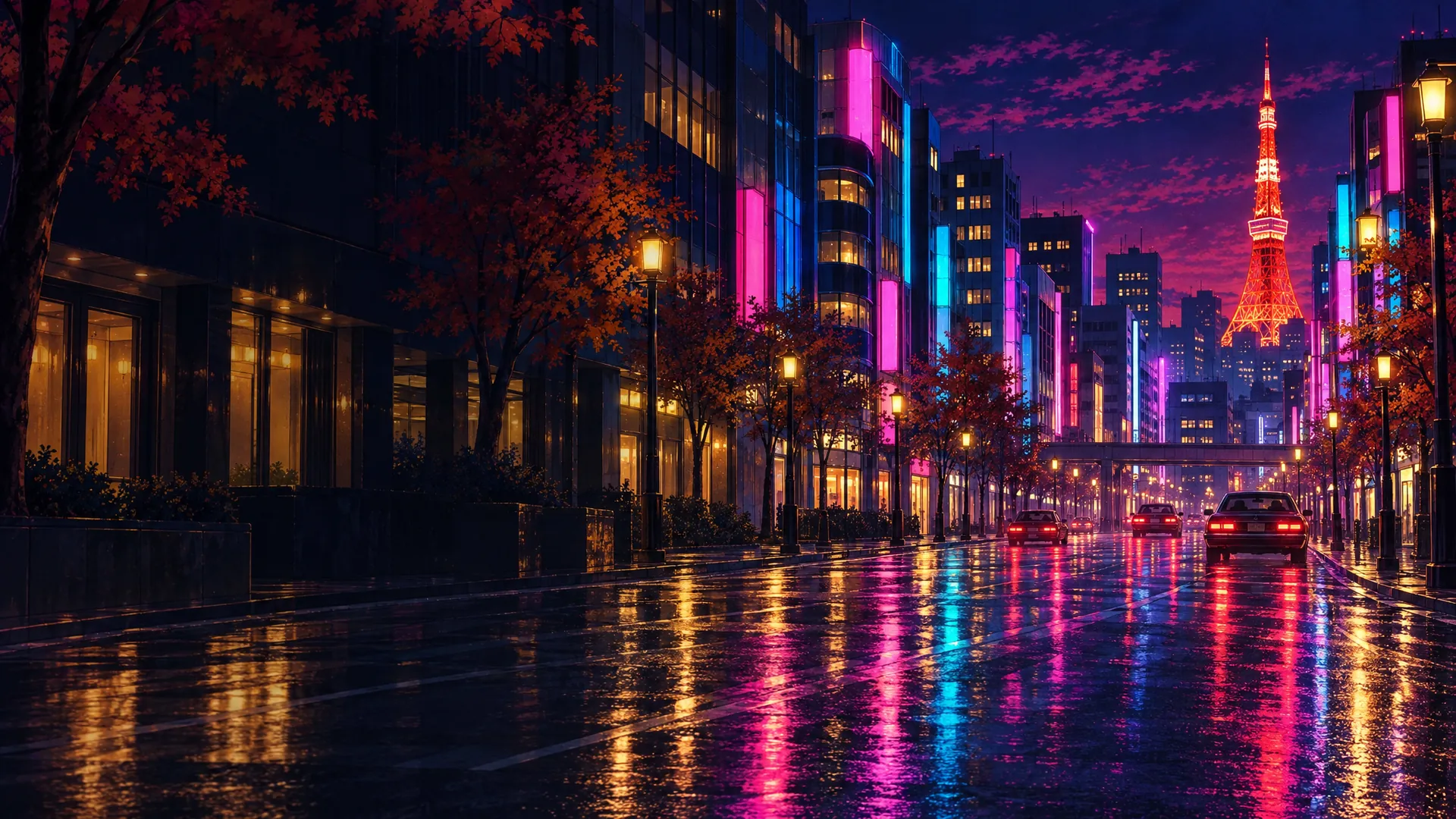 1988年秋の東京の夜。雨に濡れた大通りの先に東京タワー