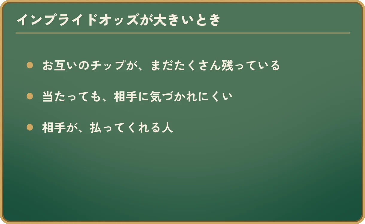 インプライドオッズが大きいとき。お互いのチップが、まだたくさん残っている。当たっても、相手に気づかれにくい。相手が、払ってくれる人。