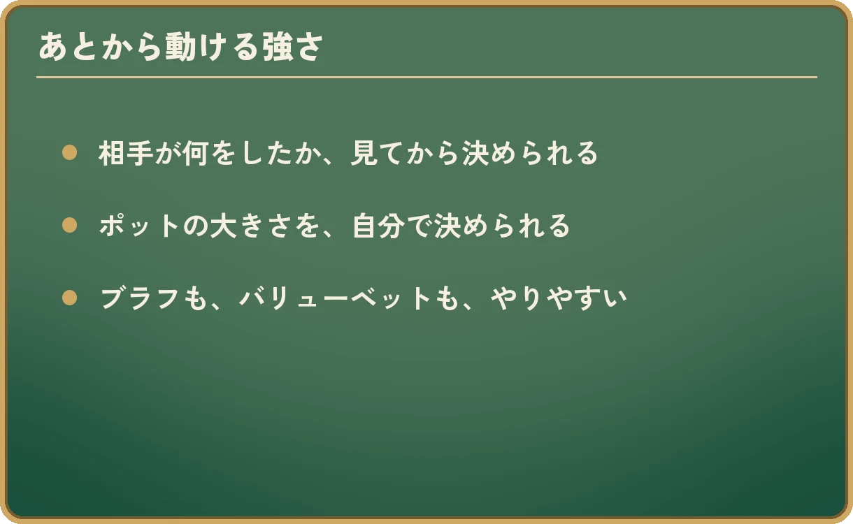 「あとから動ける強さ」の3項目。相手が何をしたか、見てから決められる。ポットの大きさを、自分で決められる。ブラフも、バリューベットも、やりやすい。